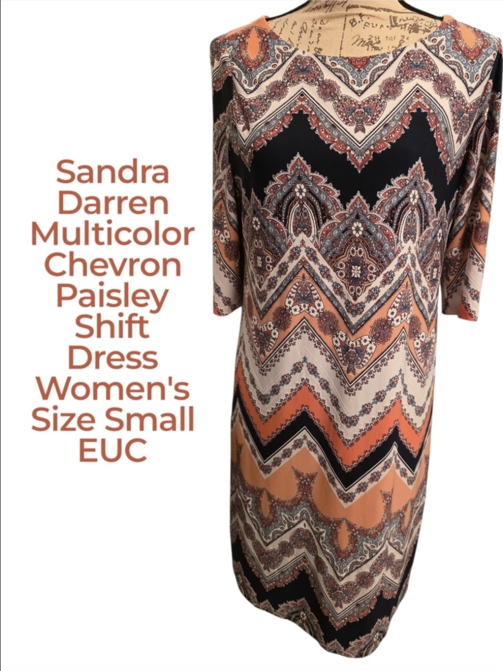 Sandra Darren Multicolor Chevron Paisley Shift Dress -Orange/Black Women's Small